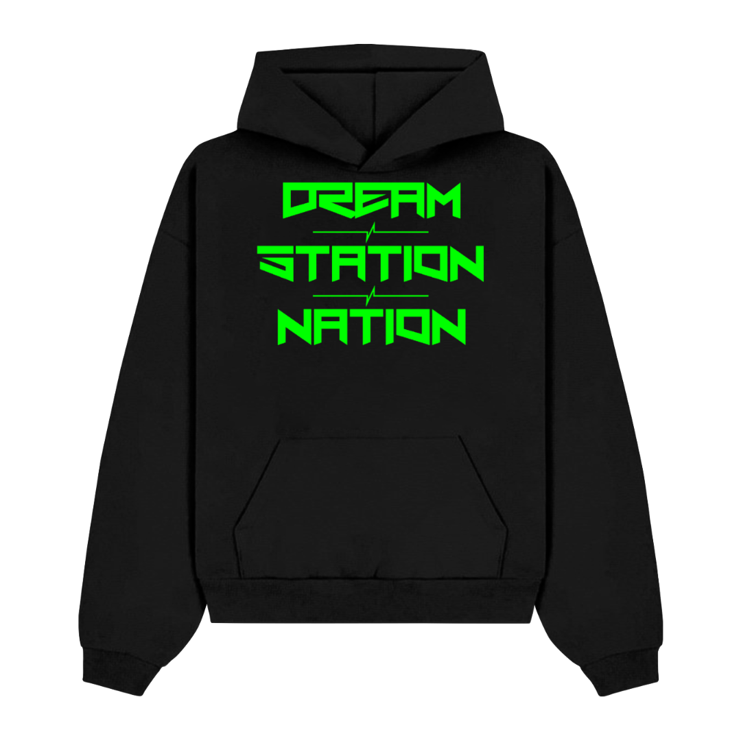 Black and Neon Green Premium Heavyweight Hoodie | DREAM STATION NATION